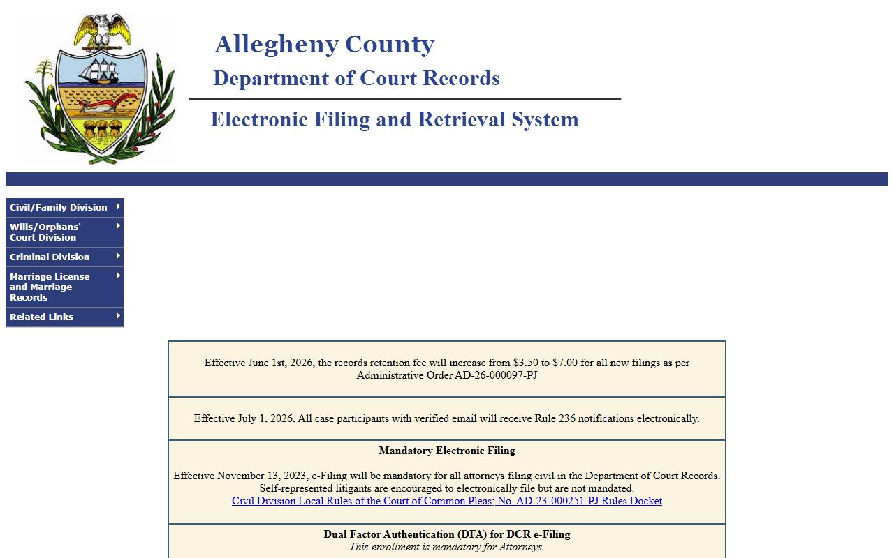Allegheny County Department of Court Records portal for court records retrieval