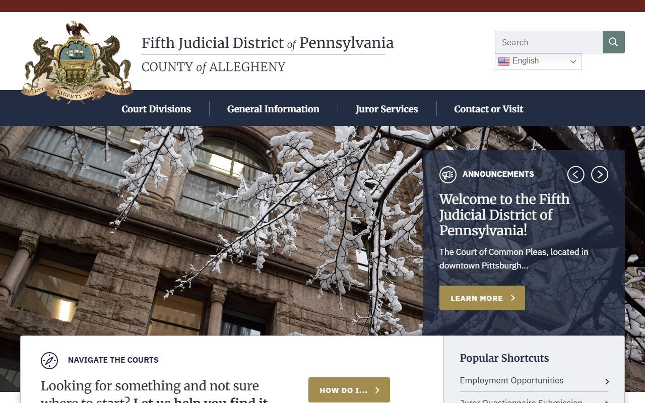 Fifth Judicial District homepage for Allegheny County court records