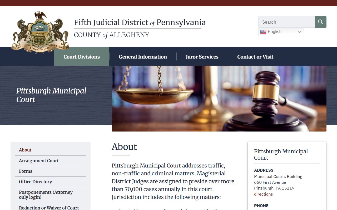 Pittsburgh Municipal Court page within the Allegheny County court records system