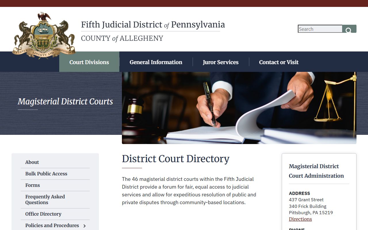 Allegheny County magisterial district court directory for court records