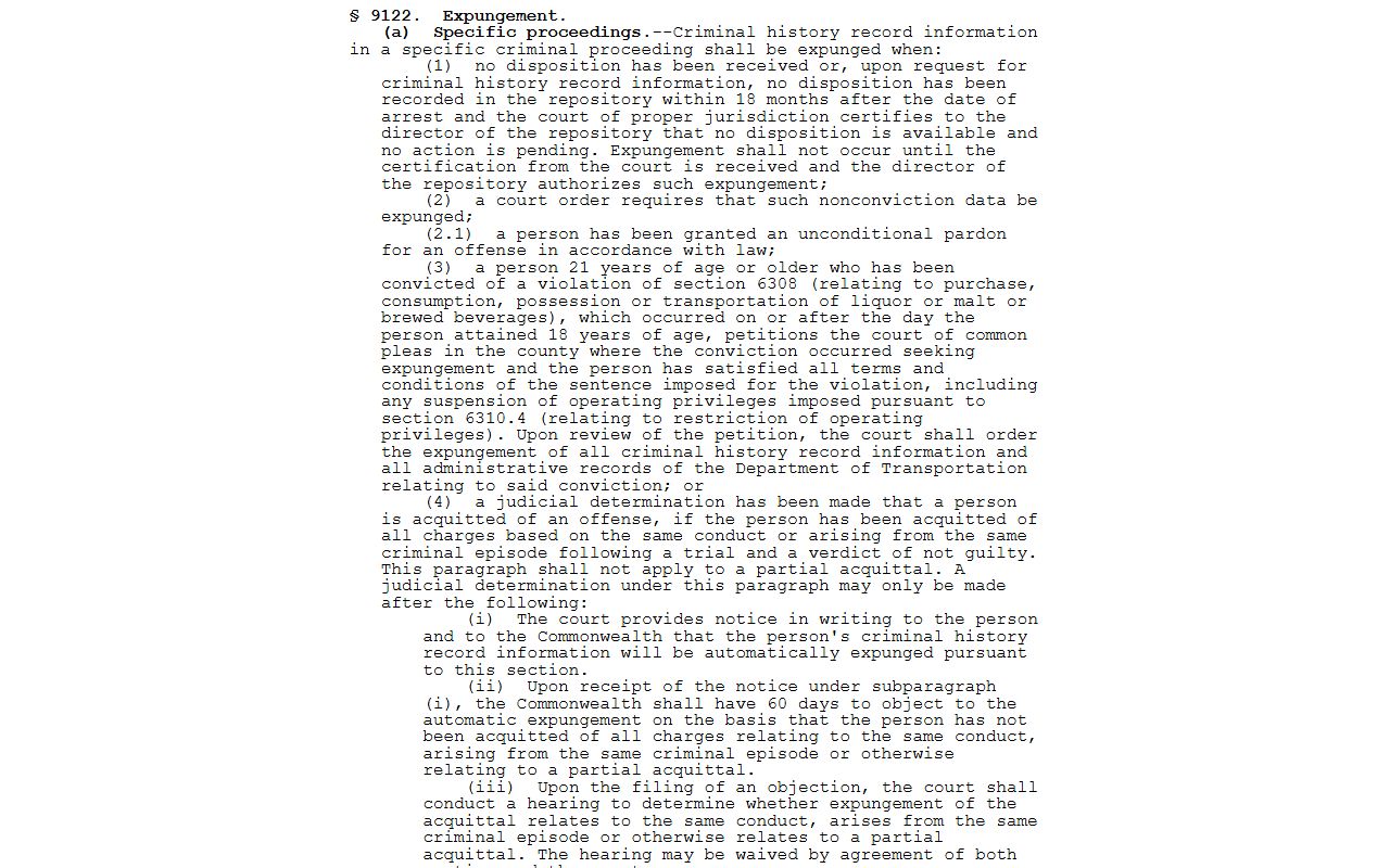 Allegheny County arrest records Pennsylvania expungement statute 18 Pa.C.S. 9122