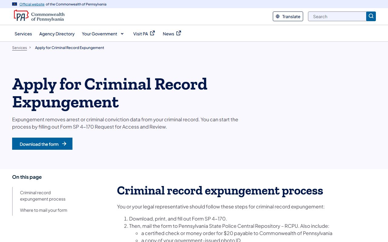 Allegheny County arrest records Pennsylvania State Police expungement process