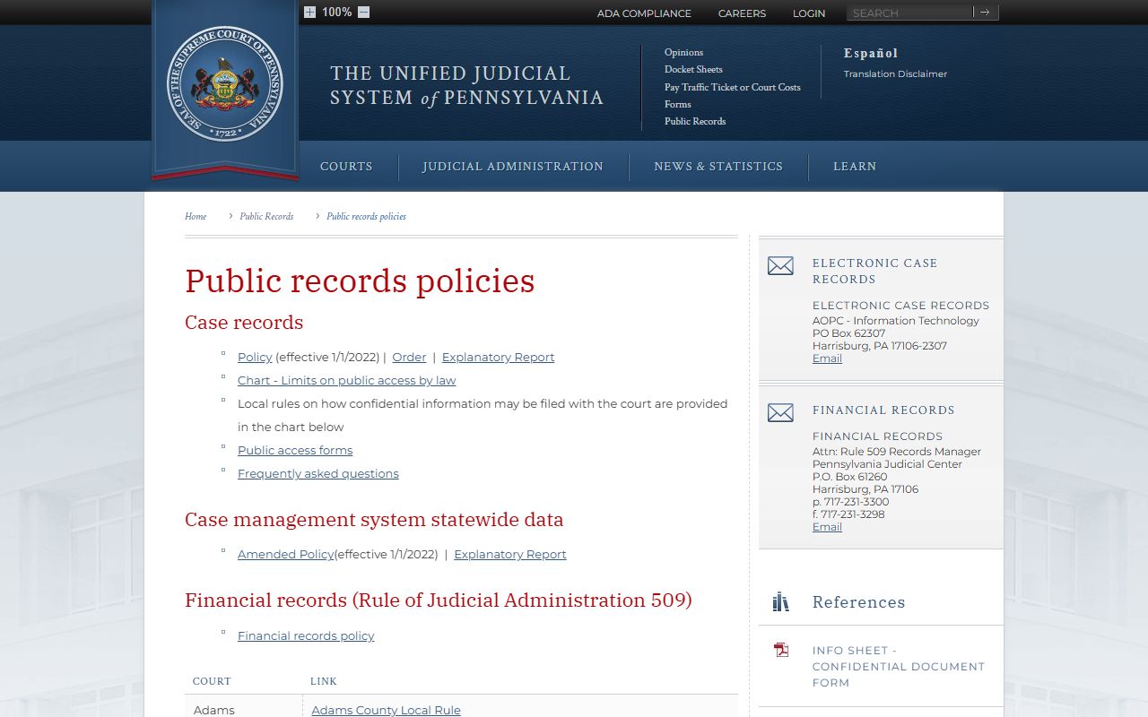Pennsylvania judiciary public record policies page for Allegheny County Court of Common Pleas records