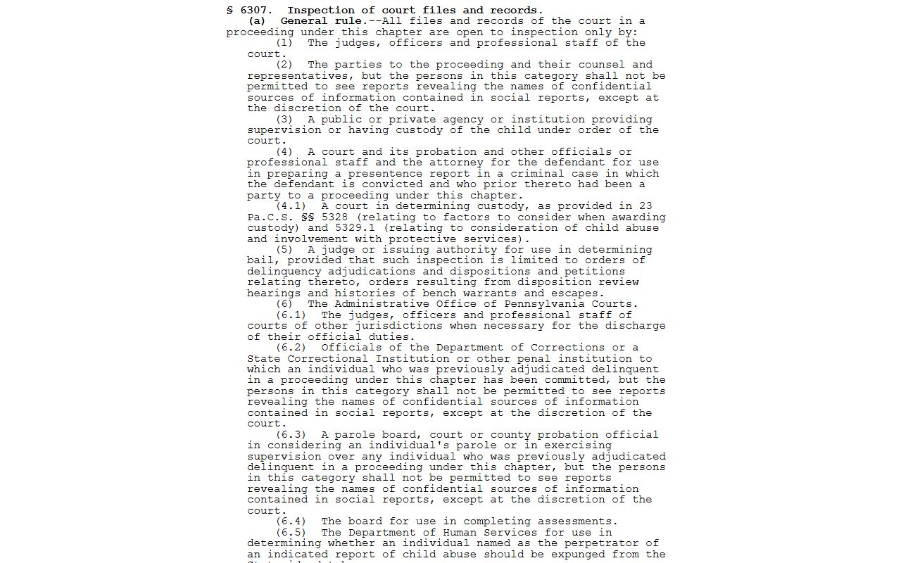 Pennsylvania statute on juvenile court record inspection affecting Allegheny County Court of Common Pleas cases
