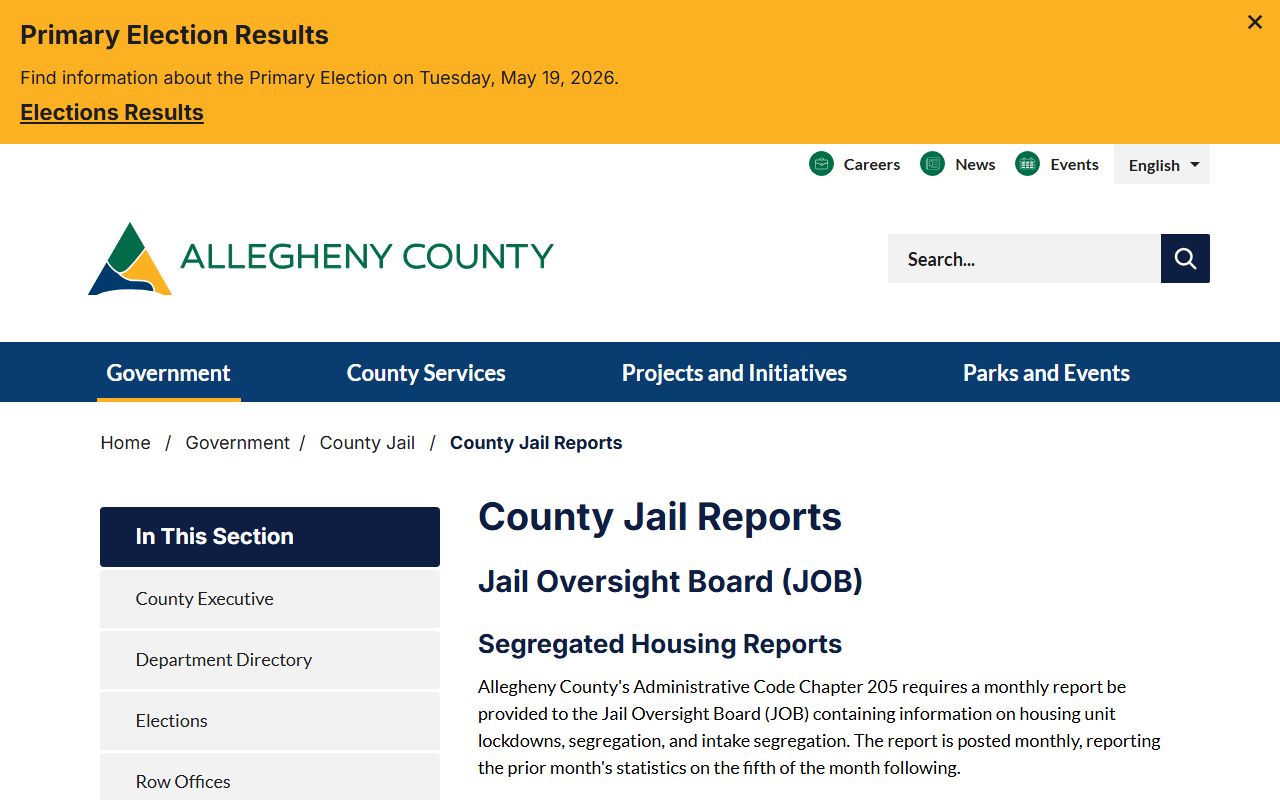 Allegheny County Jail reports page with inmate population data