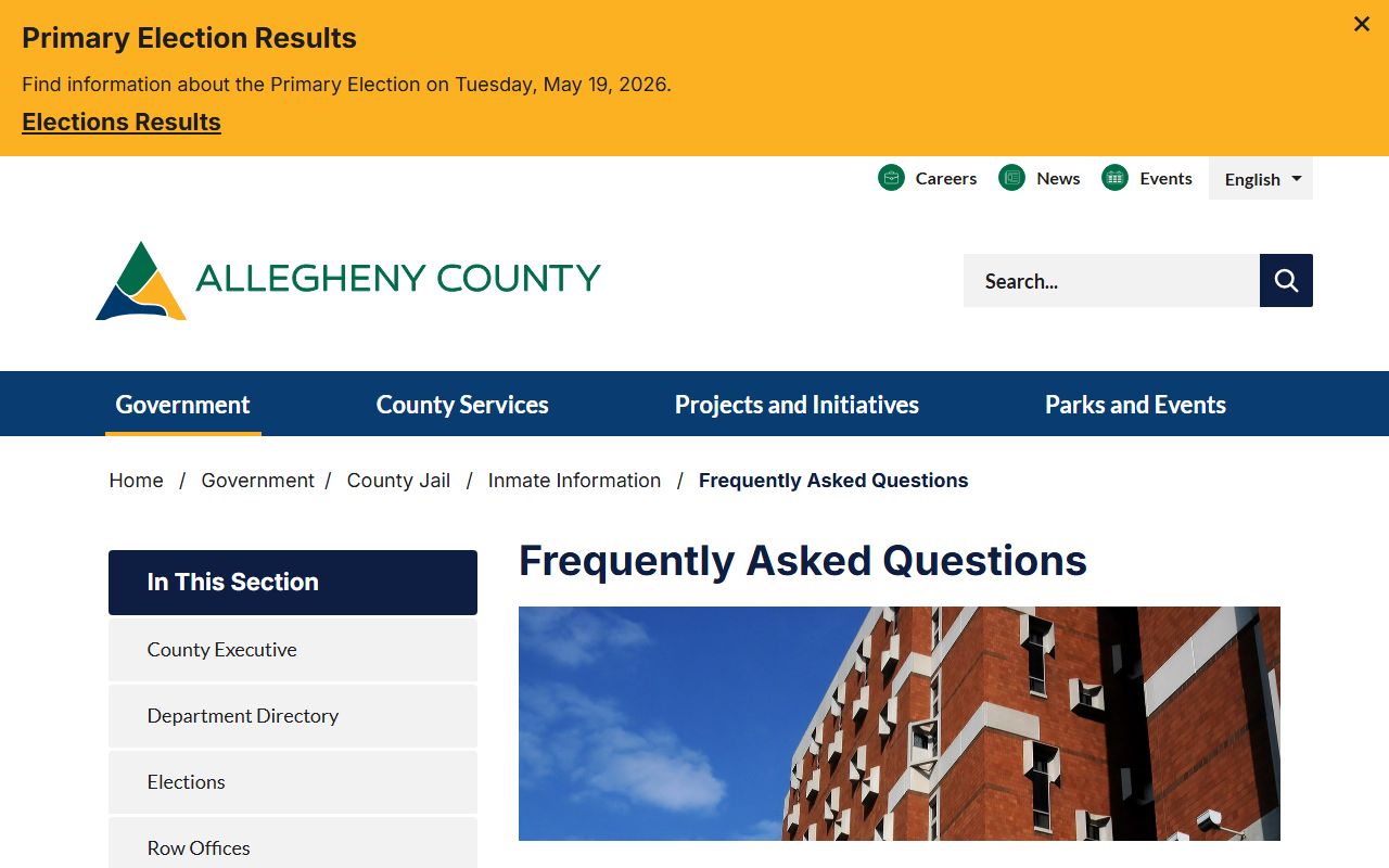 Allegheny County Jail inmate information FAQ page for inmate search