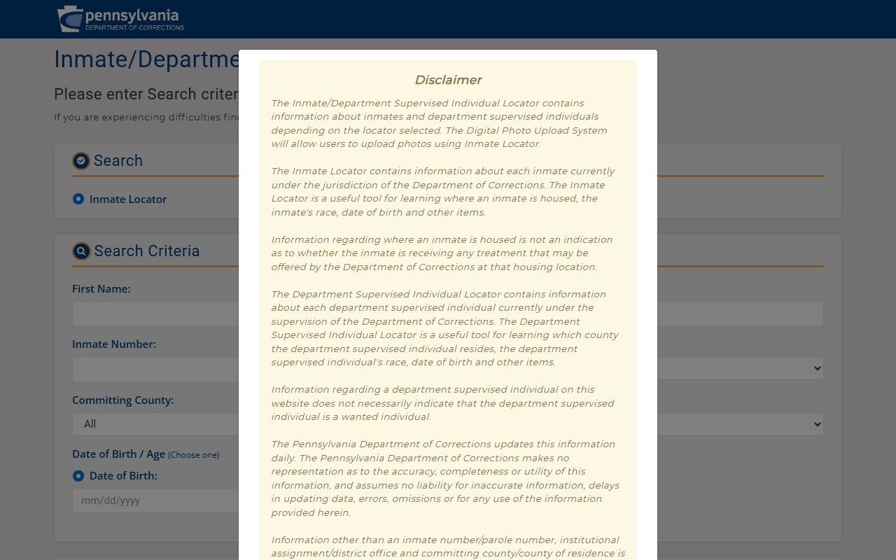 Pennsylvania DOC inmate locator used for Allegheny County inmate records