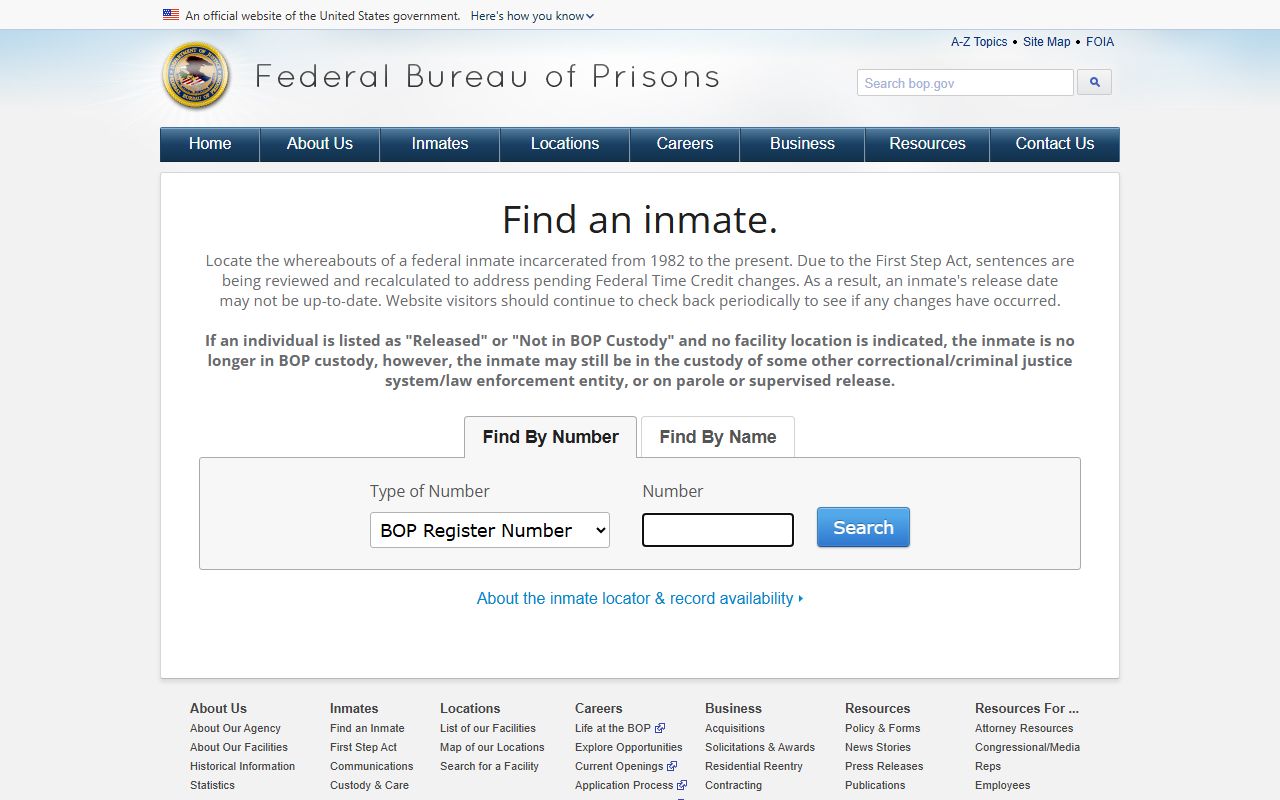 Federal Bureau of Prisons inmate locator used for Allegheny County inmate records