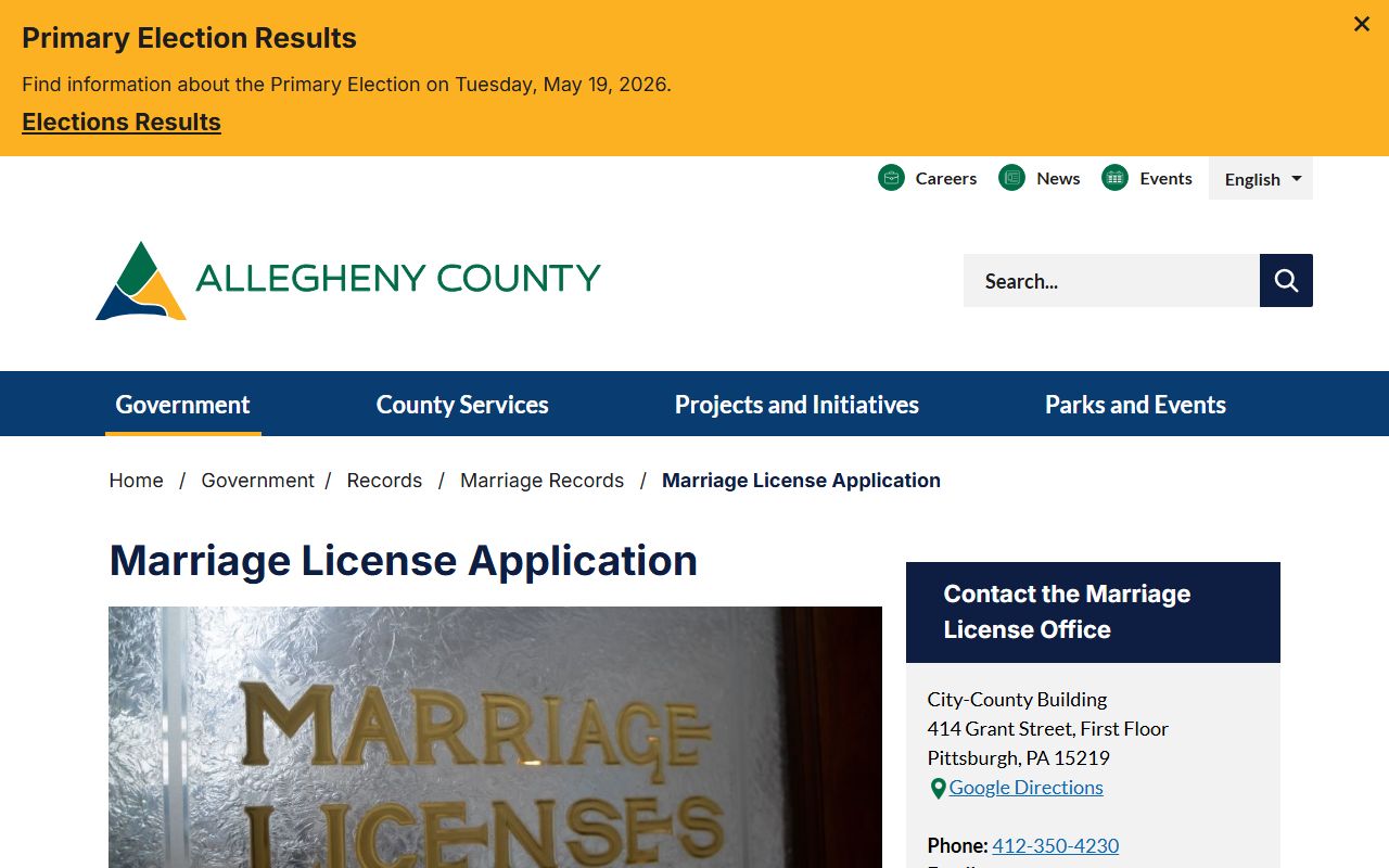 Allegheny County marriage and divorce records license application page