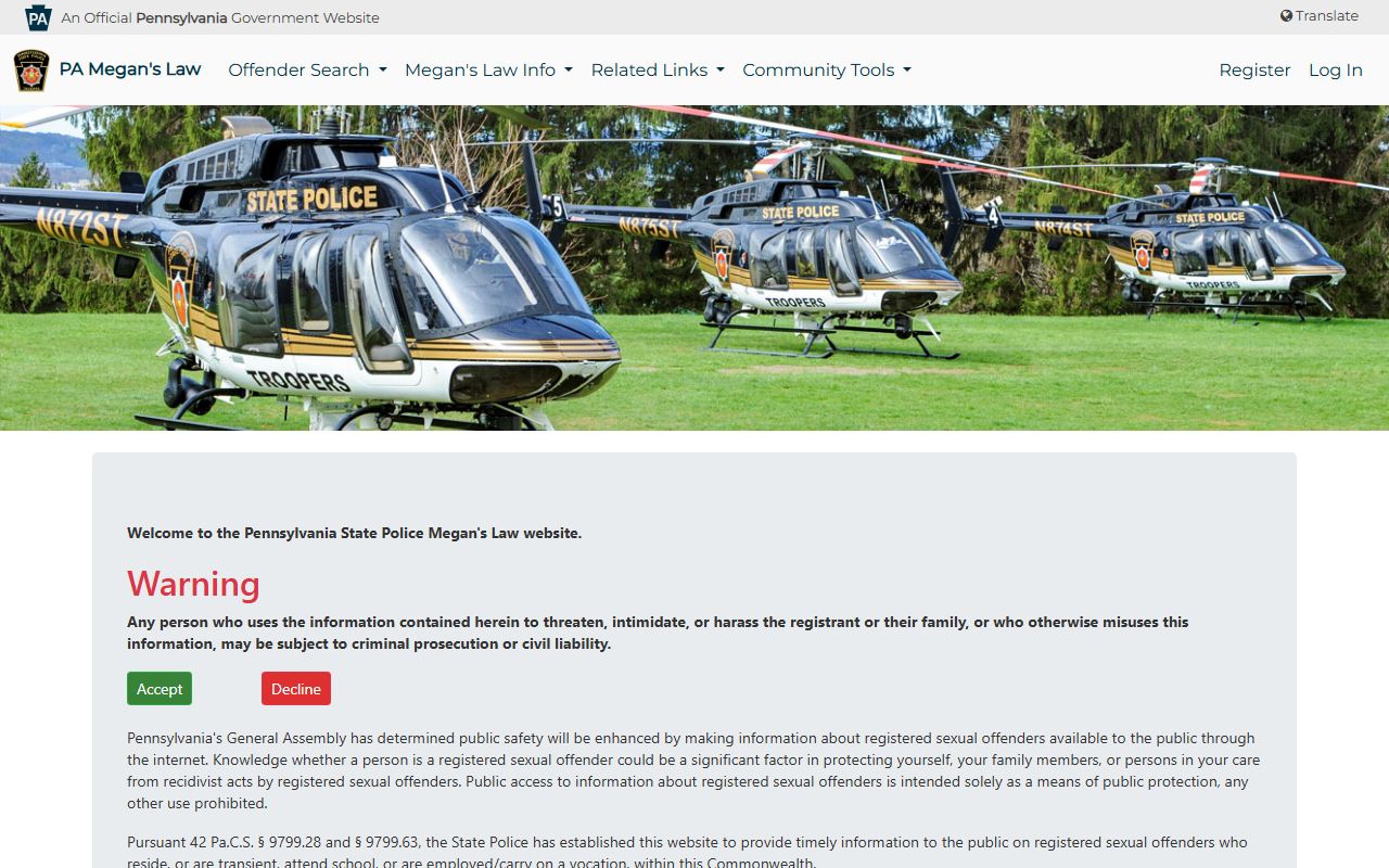 Allegheny County public records access to the Pennsylvania Megan's Law registry terms
