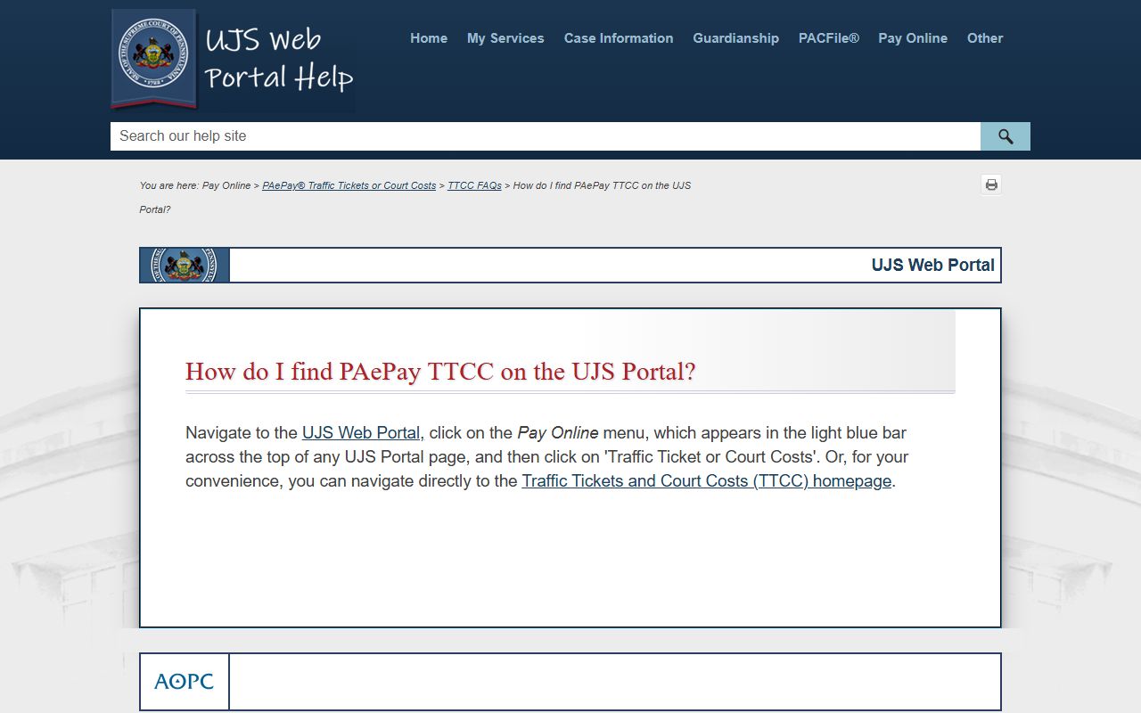 Allegheny County traffic court records PAePay help guidance on the UJS portal
