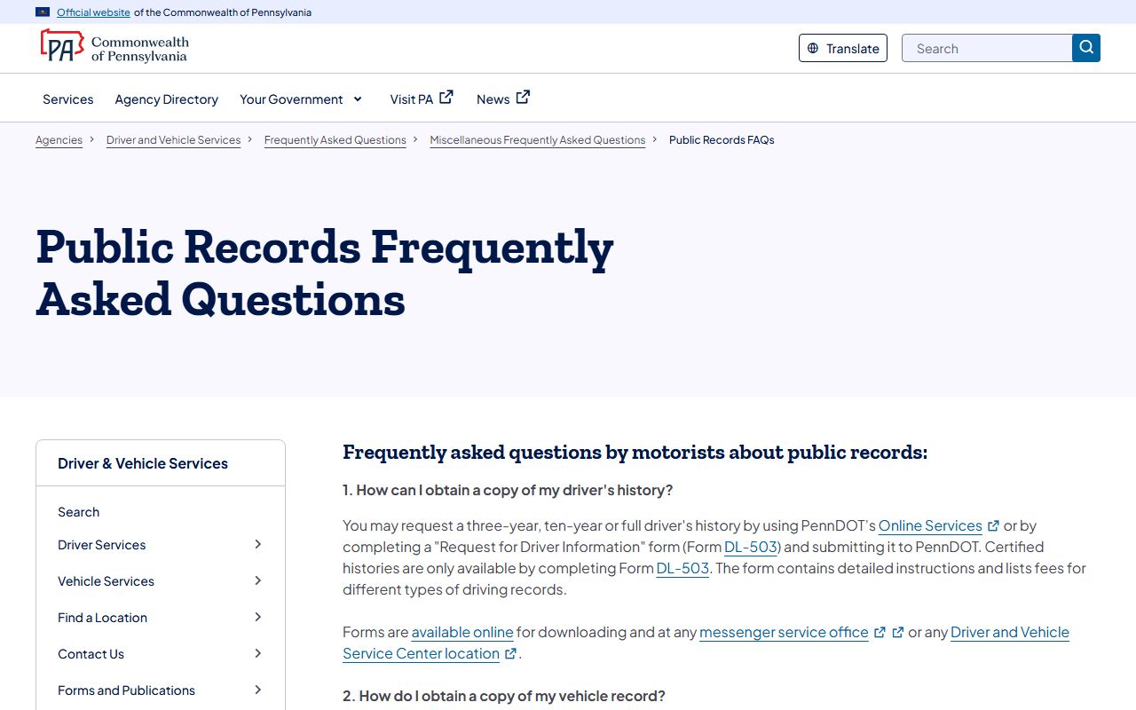 Allegheny County traffic court records compared with the PennDOT public records FAQ on driver records