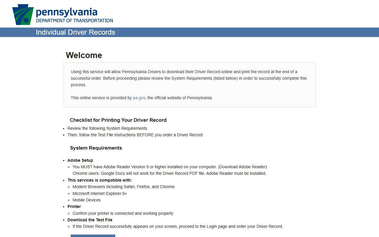 Allegheny County traffic court records and the PennDOT Individual Driver Records request portal